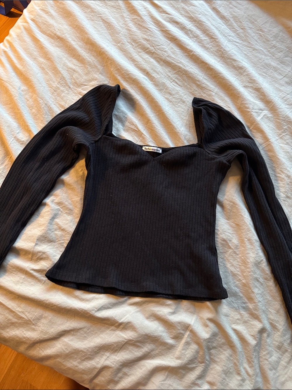 Reformation Black Ribbed Sweetheart Neck Long Sleeve Top